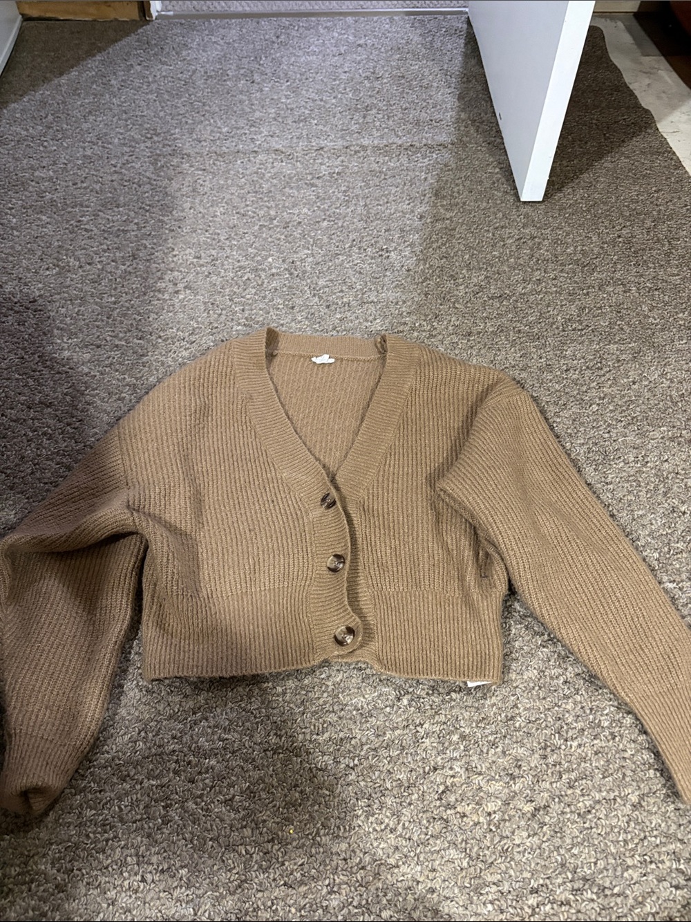 Garage Cropped Button-Front Cardigan in Camel Brown